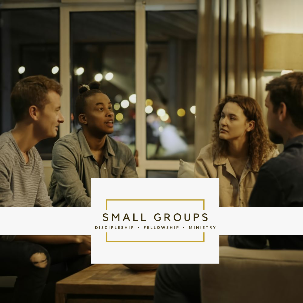 Group of diverse people sitting in a comfortable living room in the evening with a Small groups logo covering a small portion of the image